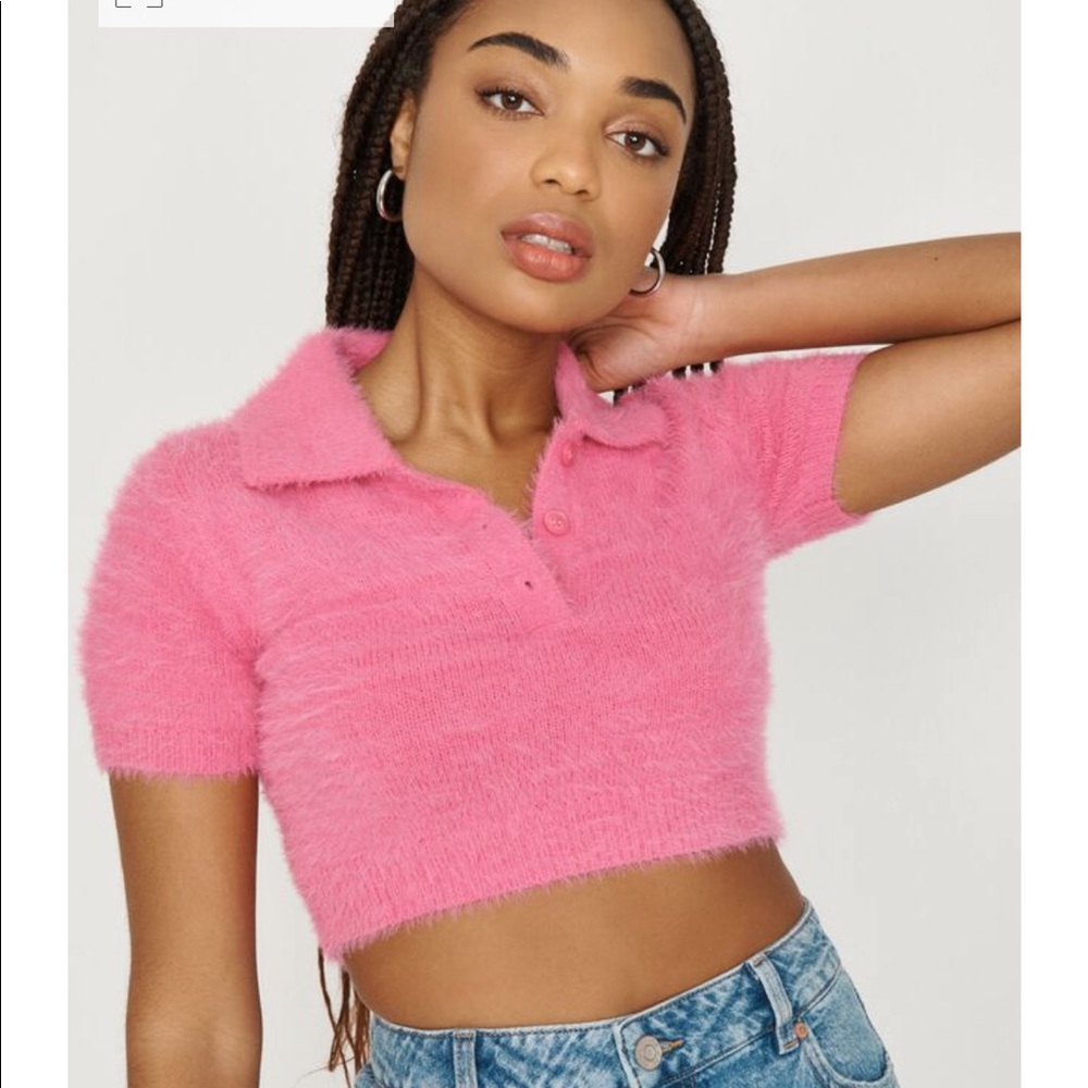 garage pink cropped fuzzy polo
